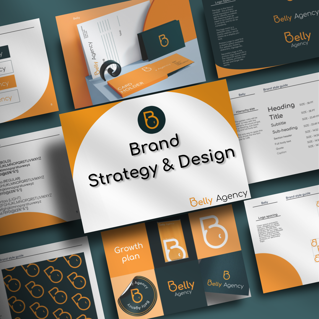 Professional brand strategy and design presentation featuring stationery, packaging, and identity elements in orange and black theme.