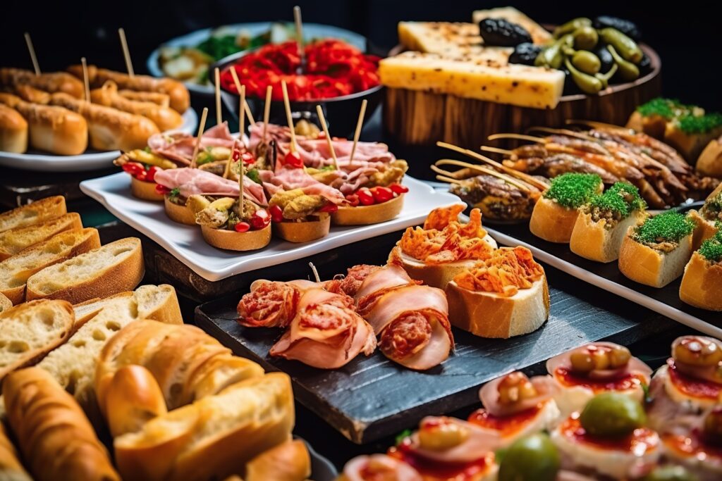 Buffet table with assorted pastries, appetisers, and colourful event catering dishes.